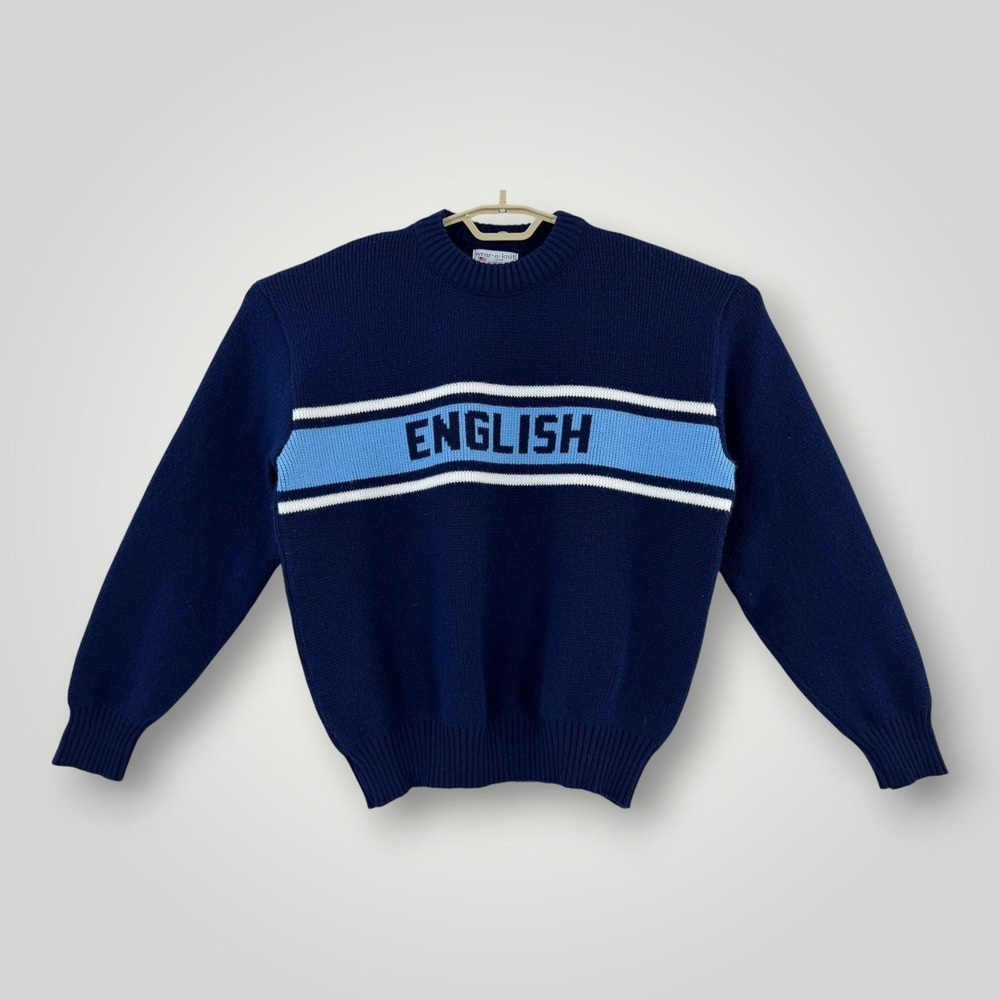 VTG Wear-A-Knit Mens Large English Graphic‎ Crewneck Sweater USA Blue